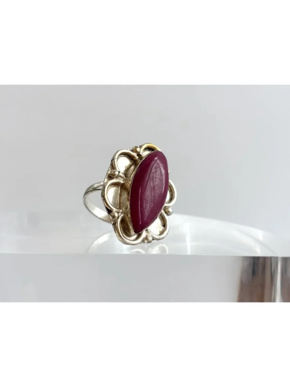 Red Adventurine Marquise Scalloped Sterling Silver 925 Vintage Ring - sz 10.5